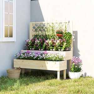 Jardinière à 2 Niveaux avec Treillis, bac à fleurs, lit surélevé avec tissu non tissé, pour plantes grimpantes, légumes, bois, intérieur et extérieur, 108 x 62 x 120 cm effet bois naturelle