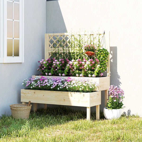 Jardinière à 2 Niveaux avec Treillis, bac à fleurs, lit surélevé avec tissu non tissé, pour plantes grimpantes, légumes, bois, intérieur et extérieur, 108 x 62 x 120 cm effet bois naturelle