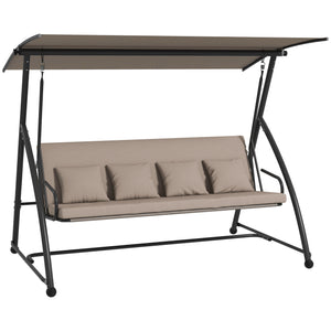 Balancelle de jardin 3 places, balancelle jardin extérieure convertible, toit inclinaison réglable, coussin assise et dossier, 4 oreillers, grand confort, 218 x 120 x 168 cm, marron clair