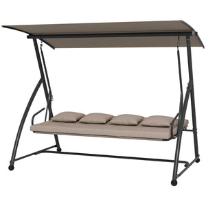 Balancelle de jardin 3 places, balancelle jardin extérieure convertible, toit inclinaison réglable, coussin assise et dossier, 4 oreillers, grand confort, 218 x 120 x 168 cm, marron clair