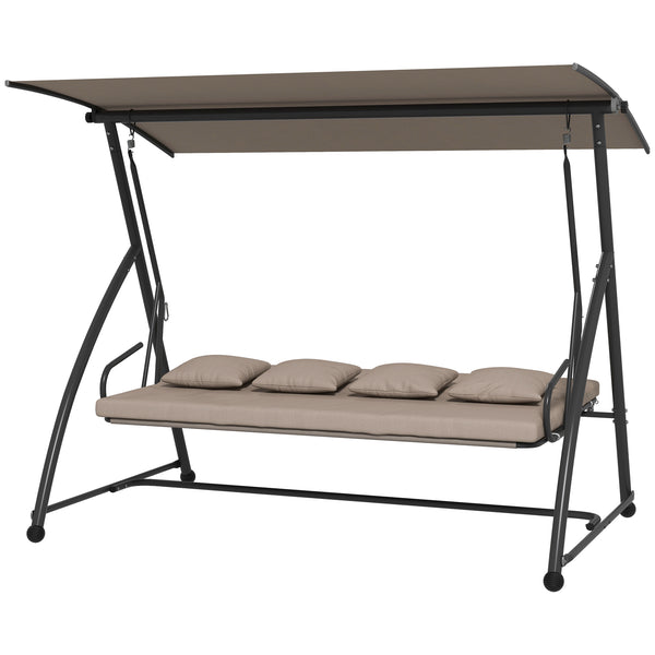 Balancelle de jardin 3 places, balancelle jardin extérieure convertible, toit inclinaison réglable, coussin assise et dossier, 4 oreillers, grand confort, 218 x 120 x 168 cm, marron clair