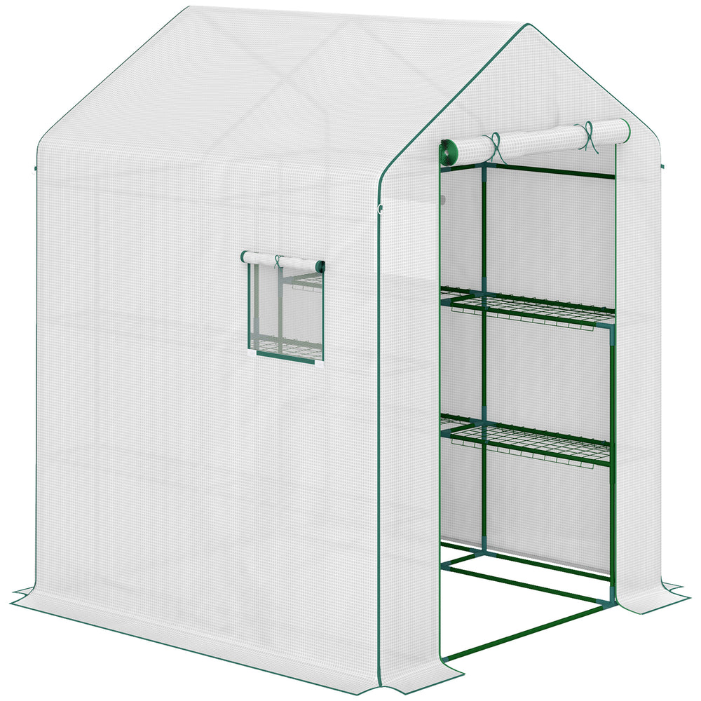 Serre de jardin PE avec étagères 3 niveaux, serre de balcon, bâche renforcée 135 g/m², châssis en acier, porte zippée enroulable, pour légumes plantes fleurs, 140x143x190cm, blanc
