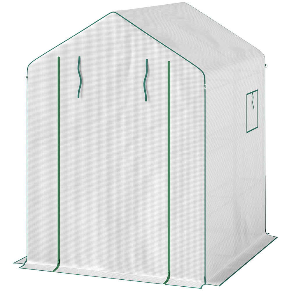 Serre de jardin PE avec étagères 3 niveaux, serre de balcon, bâche renforcée 135 g/m², châssis en acier, porte zippée enroulable, pour légumes plantes fleurs, 140x143x190cm, blanc