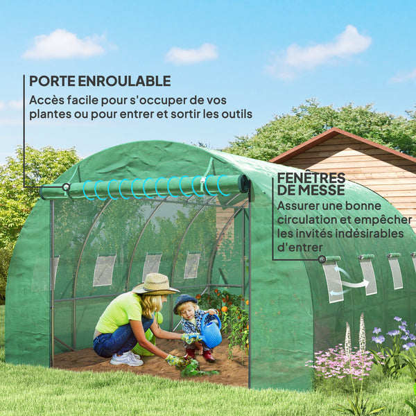 Serre de jardin 12 m², serre tunnel de jardin 3 x 4 x 2 m avec porte enroulable et 8 fenêtres en maille, serre en acier galvanisé et PE haute densité 170 g/m², résistante aux UV, vert