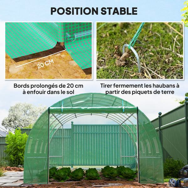 Serre de jardin 12 m², serre tunnel de jardin 3 x 4 x 2 m avec porte enroulable et 8 fenêtres en maille, serre en acier galvanisé et PE haute densité 170 g/m², résistante aux UV, vert
