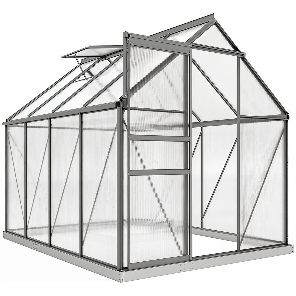 Serre de Jardin 4,8 m² en Aluminium Polycarbonate avec Fondation, 190 x 253 x 199 cm, Serre avec Fenêtre Réglable et Porte Coulissante, Abri Extérieur Résistant aux Intempéries, Gris Foncé