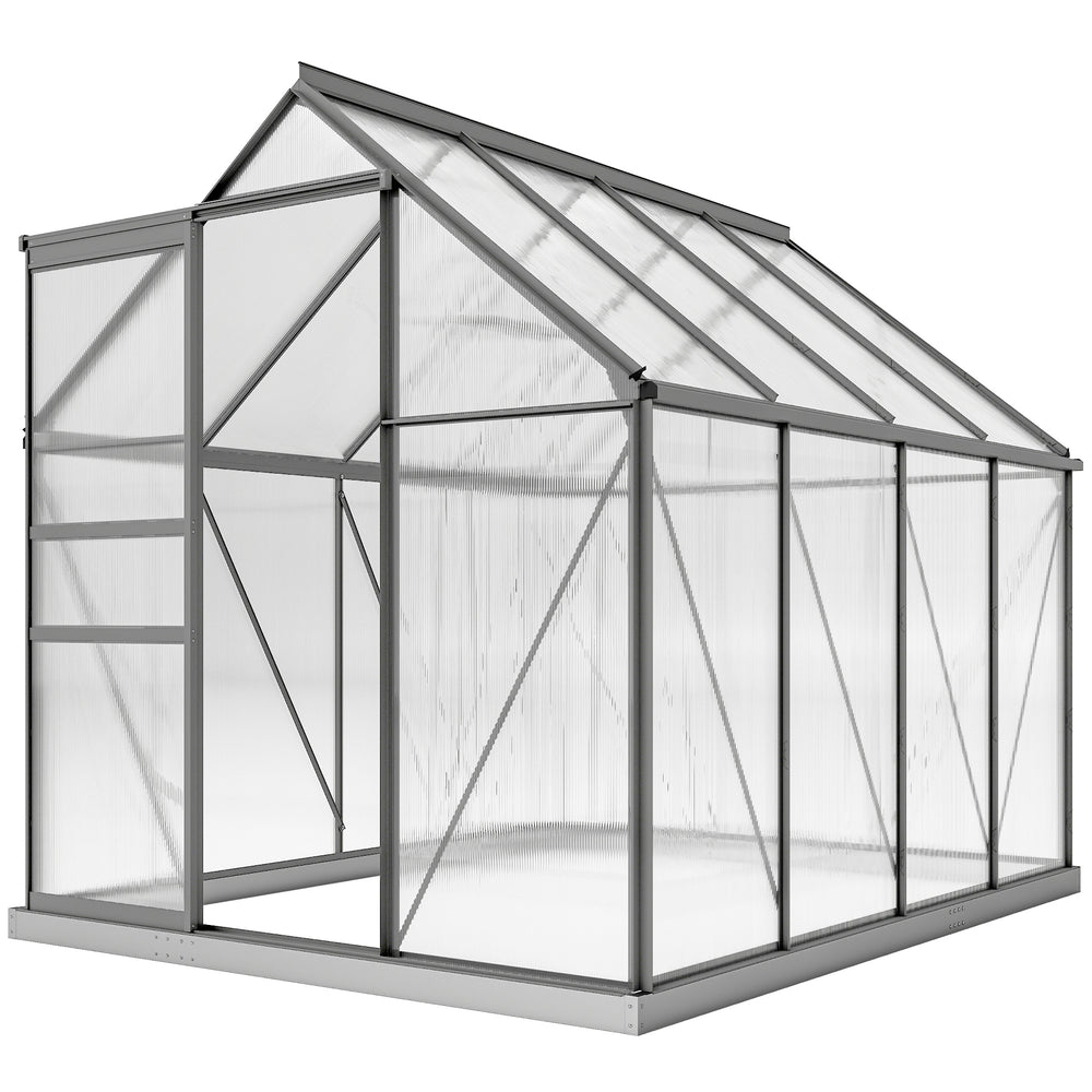 Serre de Jardin 4,8 m² en Aluminium Polycarbonate avec Fondation, 190 x 253 x 199 cm, Serre avec Fenêtre Réglable et Porte Coulissante, Abri Extérieur Résistant aux Intempéries, Gris Foncé