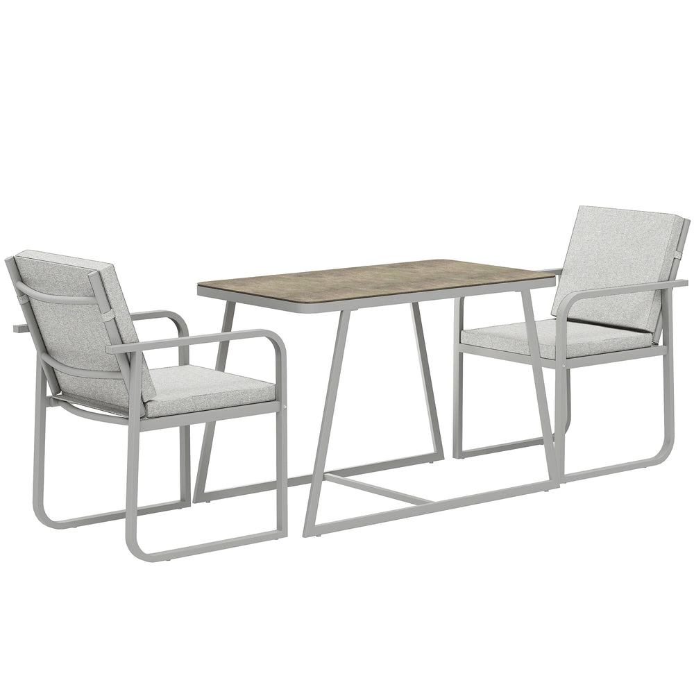 Salon de jardin extérieur 2 personnes, table de jardin extérieure avec 2 chaises, 4 coussins amovibles lavables, cadre en acier, table 72 cm, mobilier de jardin, terrasse, patio, gris
