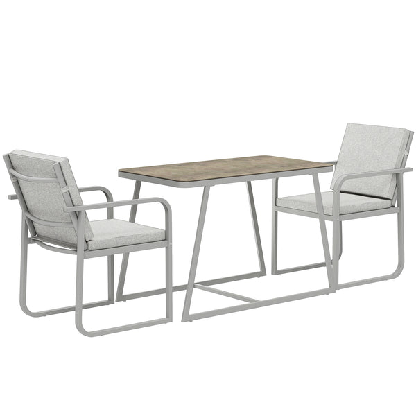 Salon de jardin extérieur 2 personnes, table de jardin extérieure avec 2 chaises, 4 coussins amovibles lavables, cadre en acier, table 72 cm, mobilier de jardin, terrasse, patio, gris