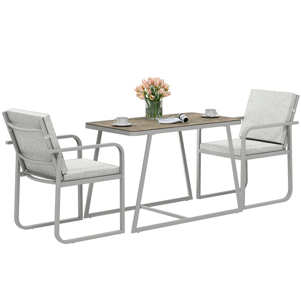 Salon de jardin extérieur 2 personnes, table de jardin extérieure avec 2 chaises, 4 coussins amovibles lavables, cadre en acier, table 72 cm, mobilier de jardin, terrasse, patio, gris