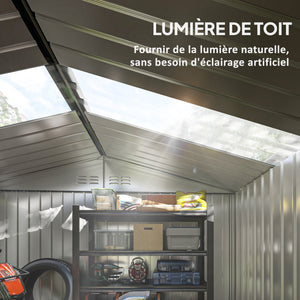 Abri de jardin en acier galvanisé XXL 5,4 m² avec kit de fondation 277x195x192cm, cabane de jardin toit en fibre de verre, cabanon rangement outils portes coulissantes 4 aérations gris clair