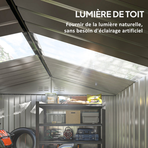 Abri de jardin en acier galvanisé XXL 5,4 m² avec kit de fondation 277x195x192cm, cabane de jardin toit en fibre de verre, cabanon rangement outils portes coulissantes 4 aérations gris clair
