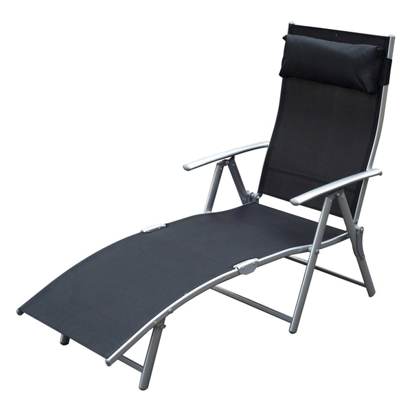 transat Chaise Longue Bain de Soleil Pliable Dossier inclinable Multi-Positions têtière fournie 137L x 64l x 101H cm métal époxy textilène Noir