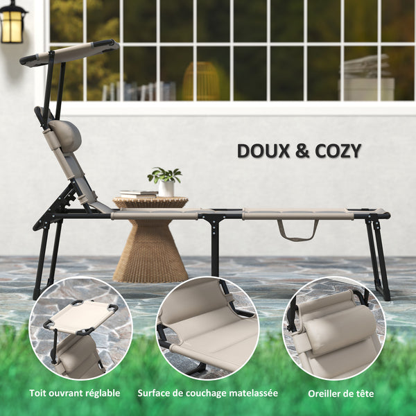 Lot de 2 Bains de soleil transats pliables grand confort dossier pare-soleil réglables multi-positions, kaki