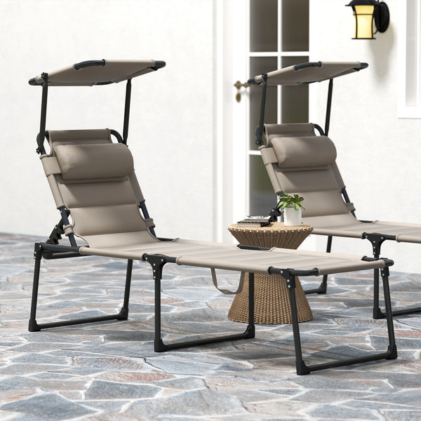 Lot de 2 Bains de soleil transats pliables grand confort dossier pare-soleil réglables multi-positions, kaki