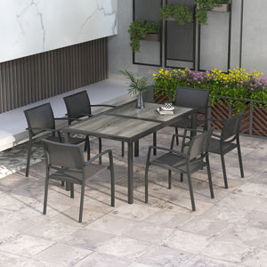 Salon de jardin en acier ensemble salle à manger de jardin 7 pièces avec 1 table et 6 chaises empilables en métal époxy textilène gris foncé