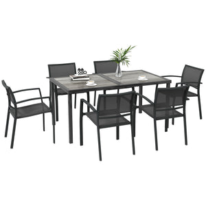 Salon de jardin en acier ensemble salle à manger de jardin 7 pièces avec 1 table et 6 chaises empilables en métal époxy textilène gris foncé