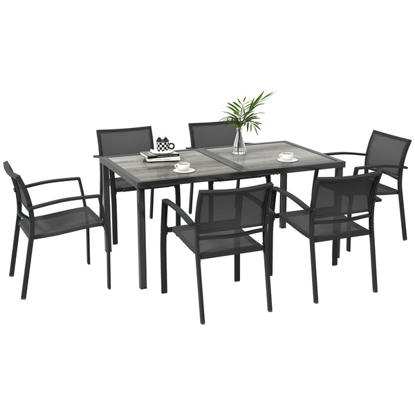 Salon de jardin en acier ensemble salle à manger de jardin 7 pièces avec 1 table et 6 chaises empilables en métal époxy textilène gris foncé