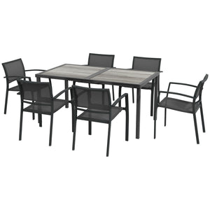 Salon de jardin en acier ensemble salle à manger de jardin 7 pièces avec 1 table et 6 chaises empilables en métal époxy textilène gris foncé