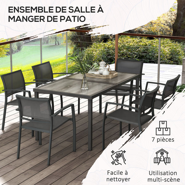 Salon de jardin en acier ensemble salle à manger de jardin 7 pièces avec 1 table et 6 chaises empilables en métal époxy textilène gris foncé