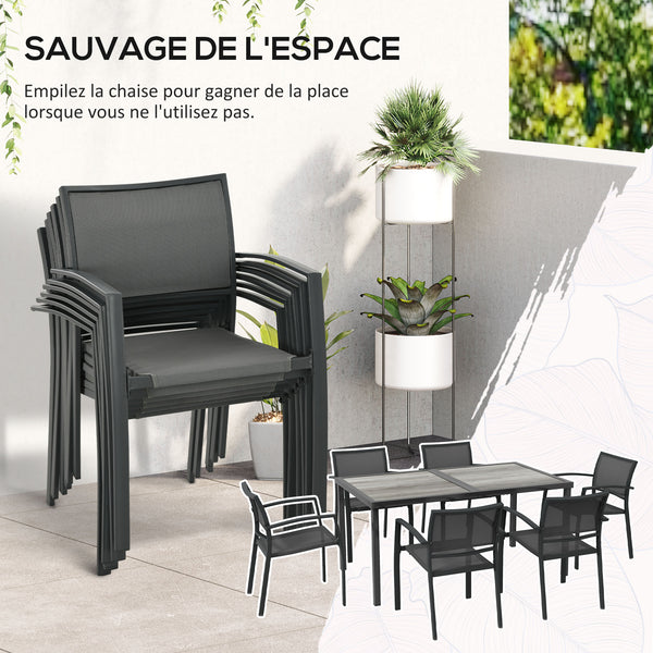 Salon de jardin en acier ensemble salle à manger de jardin 7 pièces avec 1 table et 6 chaises empilables en métal époxy textilène gris foncé