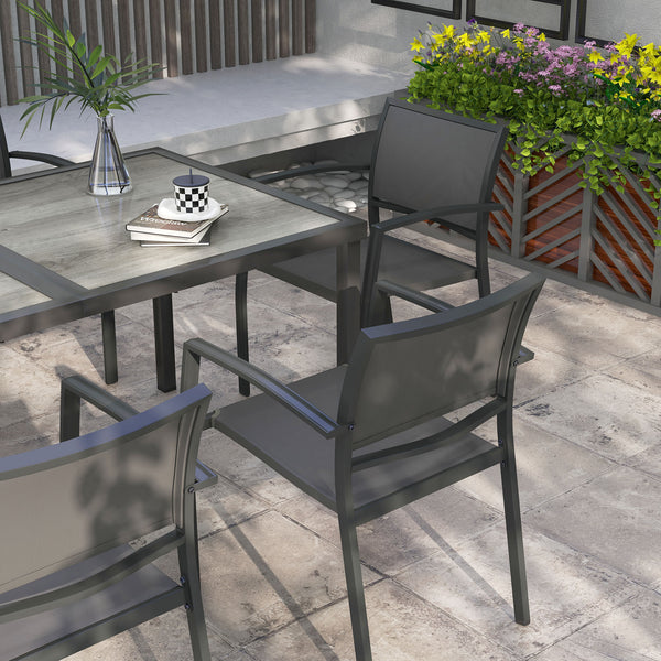 Salon de jardin en acier ensemble salle à manger de jardin 7 pièces avec 1 table et 6 chaises empilables en métal époxy textilène gris foncé