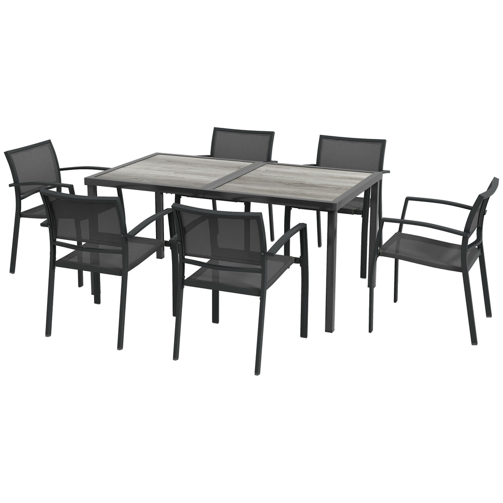 Salon de jardin en acier ensemble salle à manger de jardin 7 pièces avec 1 table et 6 chaises empilables en métal époxy textilène gris foncé