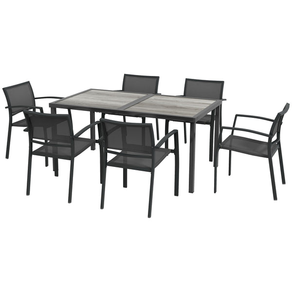 Salon de jardin en acier ensemble salle à manger de jardin 7 pièces avec 1 table et 6 chaises empilables en métal époxy textilène gris foncé