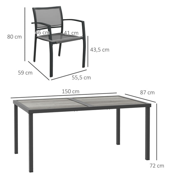 Salon de jardin en acier ensemble salle à manger de jardin 7 pièces avec 1 table et 6 chaises empilables en métal époxy textilène gris foncé