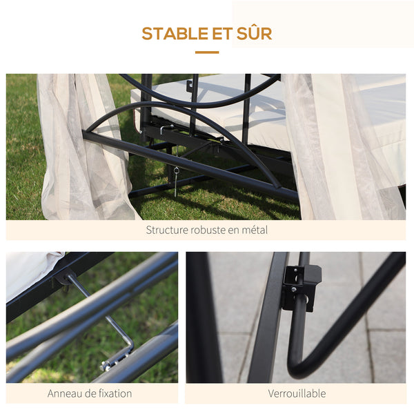 Balancelle de Jardin 3 Places Convertible Style Colonial Grand Confort 2 Coussins + Matelas + moustiquaires Inclus Noir Beige