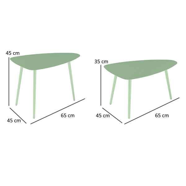 Lot de 2 tables basses de jardin, tables d'appoint gigognes triangulaires, cadre en acier, avec patins ajustables pour balcon, patio, jardin, vert clair