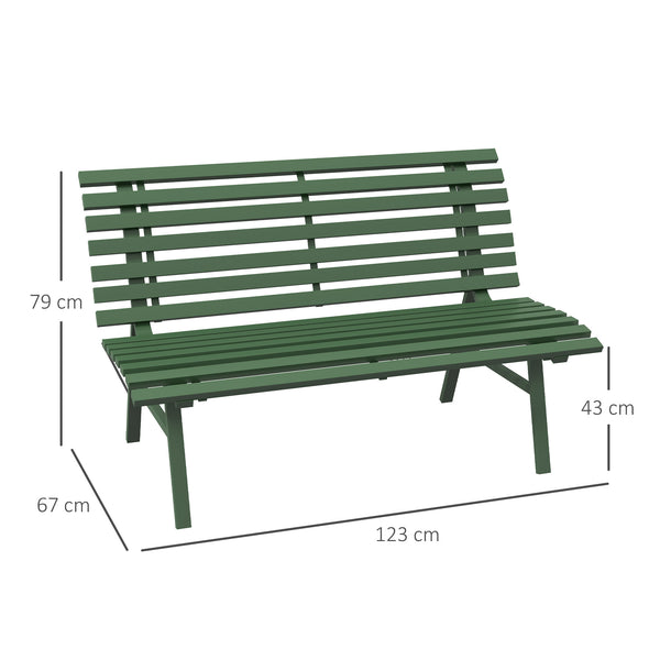 Banc de jardin banquette extérieur 2 Places Assise Dossier à Lattes, en aluminium, dim. 123L x 67l x 79H cm, vert