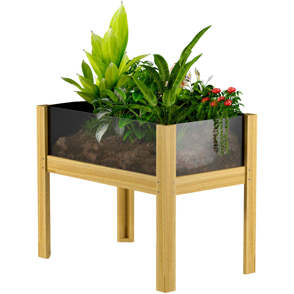 Jardinière sur pieds, carré potager de jardin sur pieds avec panneaux en acrylique et trous de drainage, potager surélevé en bois pour fleurs, herbes, légumes, 75 x 46 x 60,5 cm, bois naturel