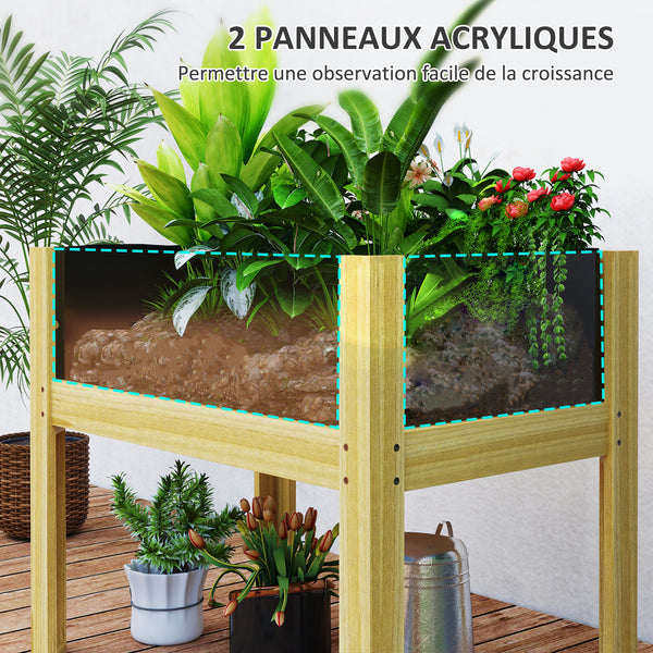 Jardinière sur pieds, carré potager de jardin sur pieds avec panneaux en acrylique et trous de drainage, potager surélevé en bois pour fleurs, herbes, légumes, 75 x 46 x 60,5 cm, bois naturel