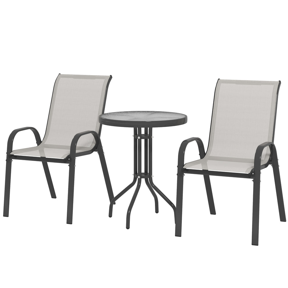 3 pièces salon de jardin extérieur, ensemble de meubles 2 fauteuils empilables, table basse avec dessus en verre trempé, tissu en textilène, pour patio, terrasse, balcon, gris clair