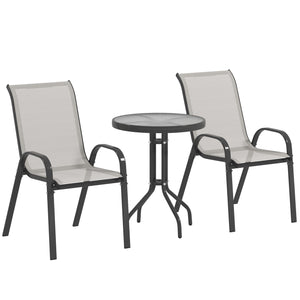 3 pièces salon de jardin extérieur, ensemble de meubles 2 fauteuils empilables, table basse avec dessus en verre trempé, tissu en textilène, pour patio, terrasse, balcon, gris clair