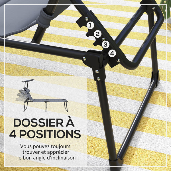 Bain de soleil, chaise longue pliante avec pare-soleil, appuie-tête en tissu Oxford, transat jardin extérieur inclinable de plage camping piscine terrasse 70 x 200 x 45 cm gris