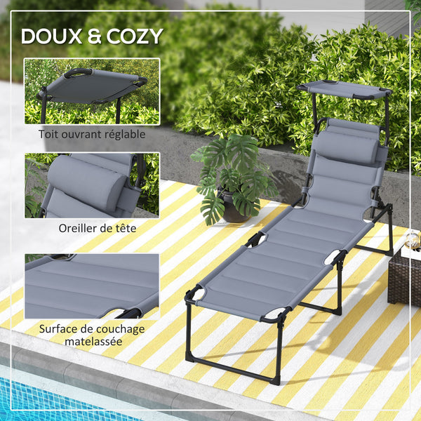 Bain de soleil, chaise longue pliante avec pare-soleil, appuie-tête en tissu Oxford, transat jardin extérieur inclinable de plage camping piscine terrasse 70 x 200 x 45 cm gris