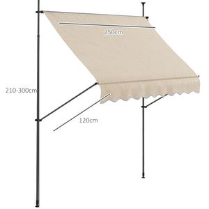Store banne autoportant manuel auvent rétractable 2,5L x 1,2l x 2,1-3H m inclinaison réglable pour balcon sans trous à percer métal alu polyester sable