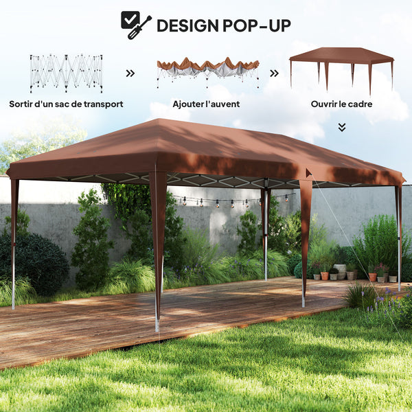 Tonnelle pliante 3x6m tonnelle de jardin extérieur barnum de jardin pop-up pliant sac inclus acier époxy oxford haute densité marron