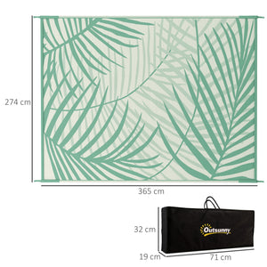 Tapis de jardin tapis d'extérieur réversible 365L x 274l cm imperméable motif feuillage avec sac de transport pour terrasse balcon camping, vert crème