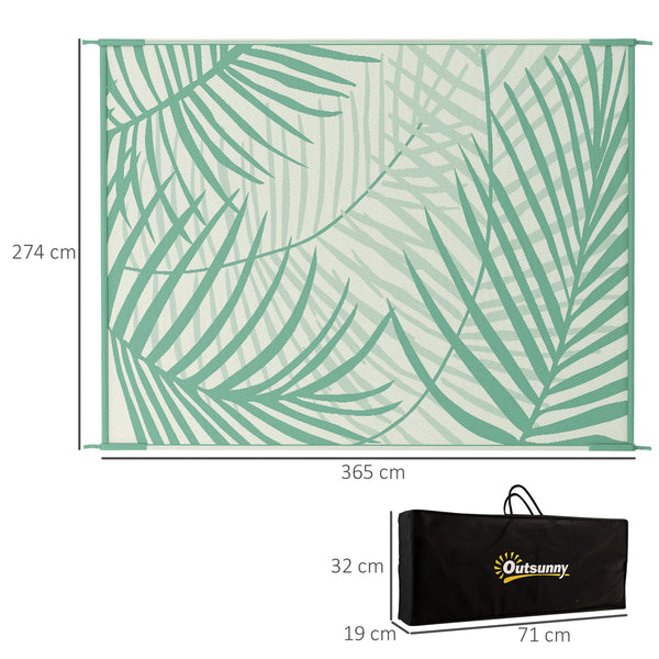 Tapis de jardin tapis d'extérieur réversible 365L x 274l cm imperméable motif feuillage avec sac de transport pour terrasse balcon camping, vert crème