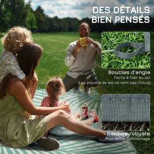 Tapis de jardin tapis d'extérieur réversible 365L x 274l cm imperméable motif feuillage avec sac de transport pour terrasse balcon camping, vert crème