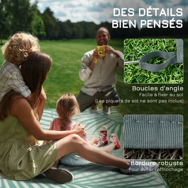 Tapis de jardin tapis d'extérieur réversible 365L x 274l cm imperméable motif feuillage avec sac de transport pour terrasse balcon camping, vert crème