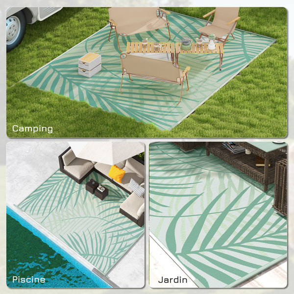 Tapis de jardin tapis d'extérieur réversible 365L x 274l cm imperméable motif feuillage avec sac de transport pour terrasse balcon camping, vert crème