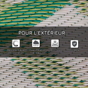 Tapis de jardin tapis d'extérieur réversible 365L x 274l cm imperméable motif feuillage avec sac de transport pour terrasse balcon camping, vert crème