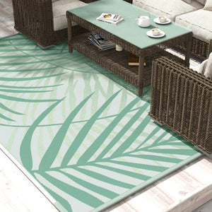 Tapis de jardin tapis d'extérieur réversible 365L x 274l cm imperméable motif feuillage avec sac de transport pour terrasse balcon camping, vert crème