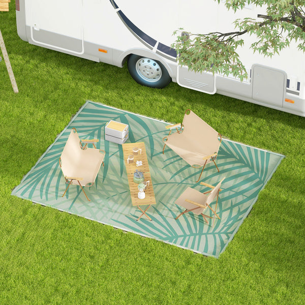 Tapis de jardin tapis d'extérieur réversible 365L x 274l cm imperméable motif feuillage avec sac de transport pour terrasse balcon camping, vert crème