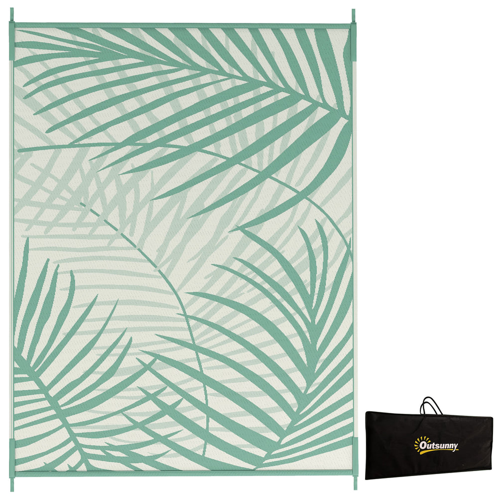 Tapis de jardin tapis d'extérieur réversible 365L x 274l cm imperméable motif feuillage avec sac de transport pour terrasse balcon camping, vert crème