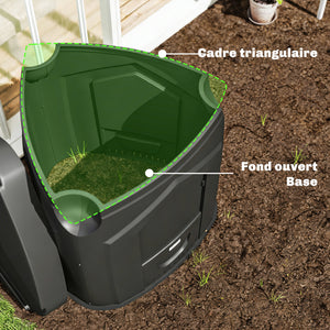 Composteur de jardin, 240L, bac à compost extérieur, triangulaire, 78 x 75 x 78 cm, en polypropylène, avec 3 Portes, 66 Aérations et Fond Ouvert, Inclus Gants et Tournevis, Noir